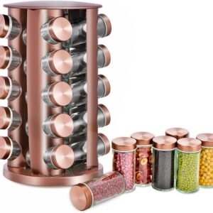 Prabangus besisukantis prieskonių stovas su 20 stiklo indelių