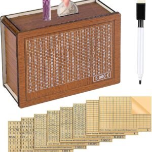 Medinė taupyklė su lipdukais ir žymekliu – vaikams ir suaugusiems, taupymo įpročiams ugdyti