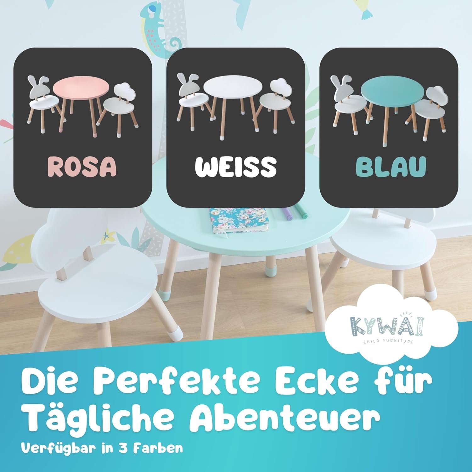 KYWAI® Vaikiškas medinis staliukas su 2 kėdutėmis - Image 7
