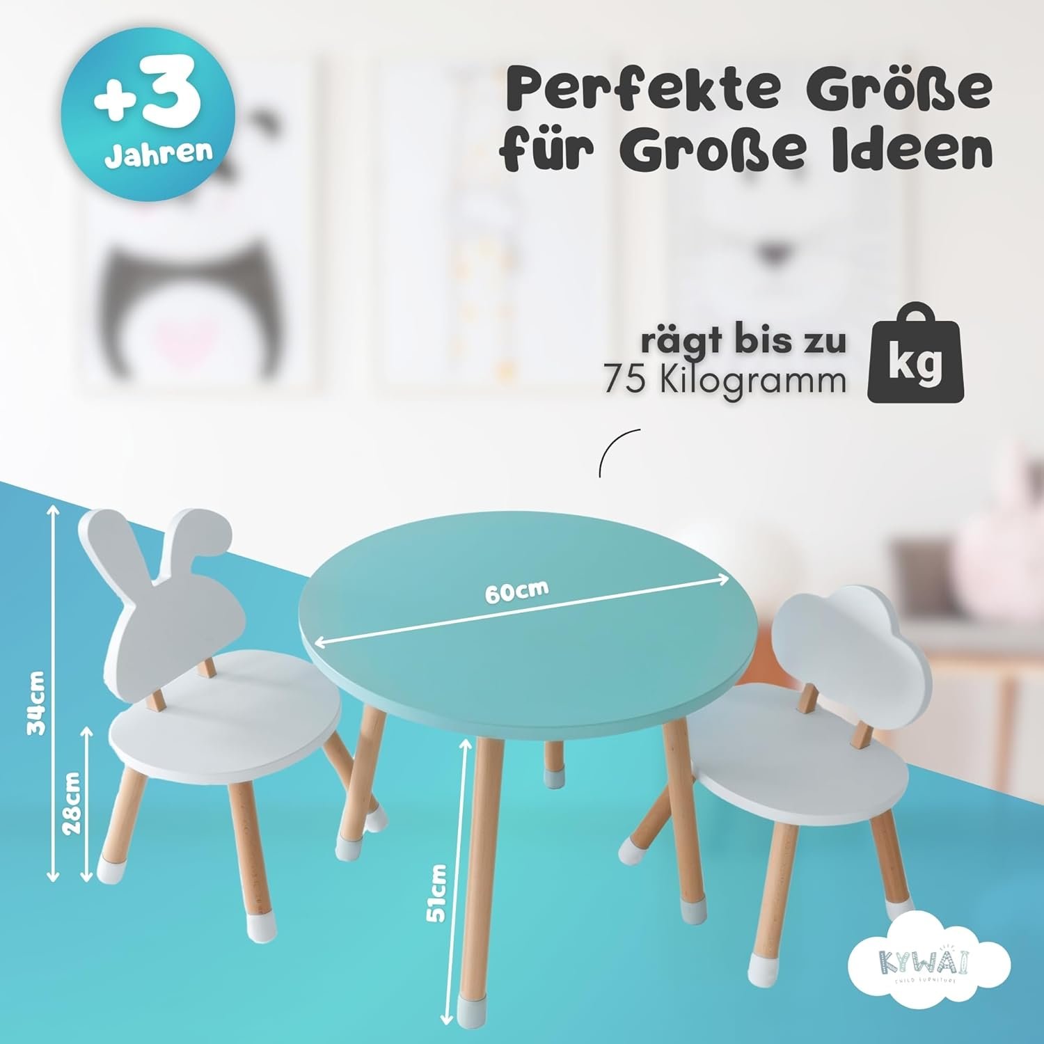 KYWAI® Vaikiškas medinis staliukas su 2 kėdutėmis - Image 2