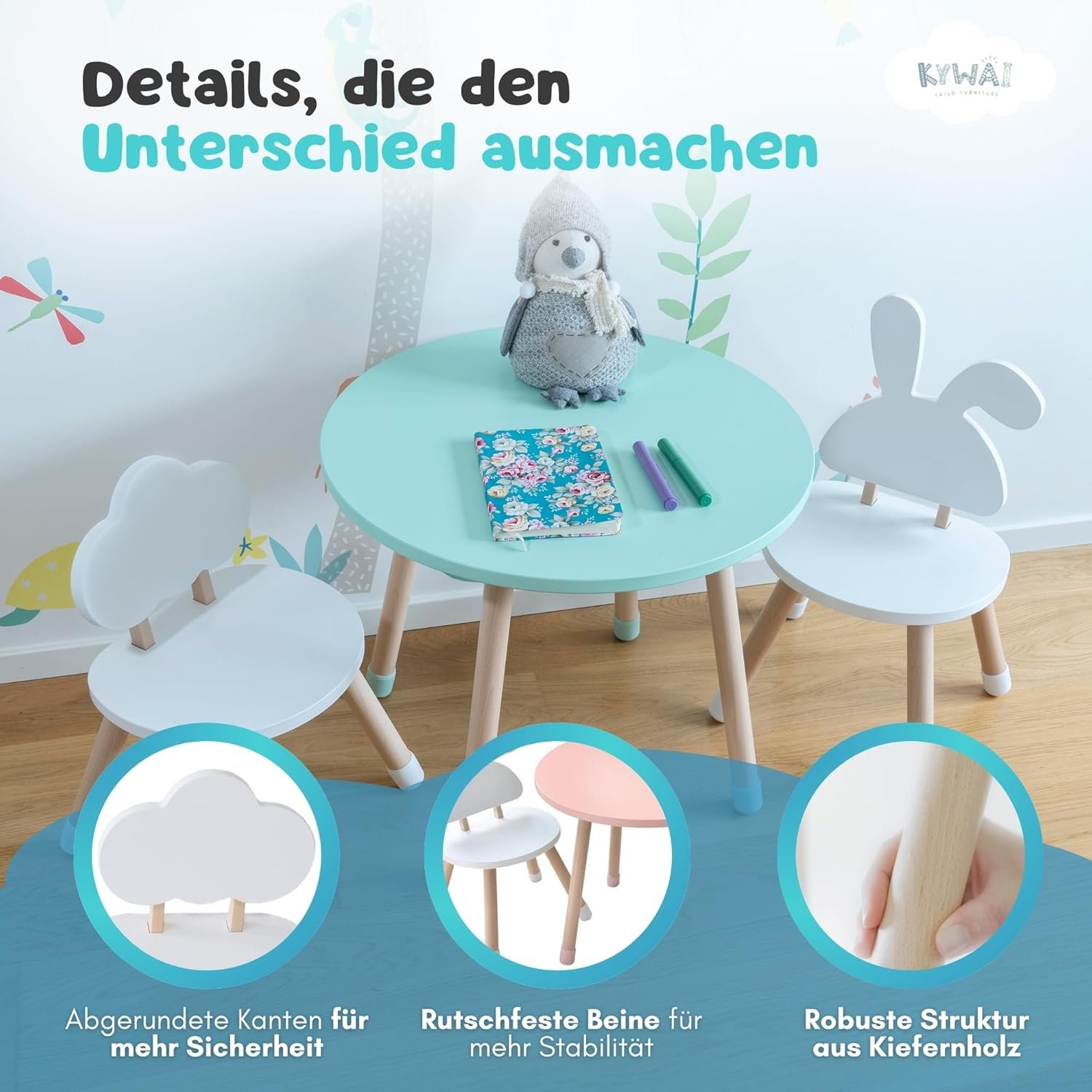 KYWAI® Vaikiškas medinis staliukas su 2 kėdutėmis - Image 3