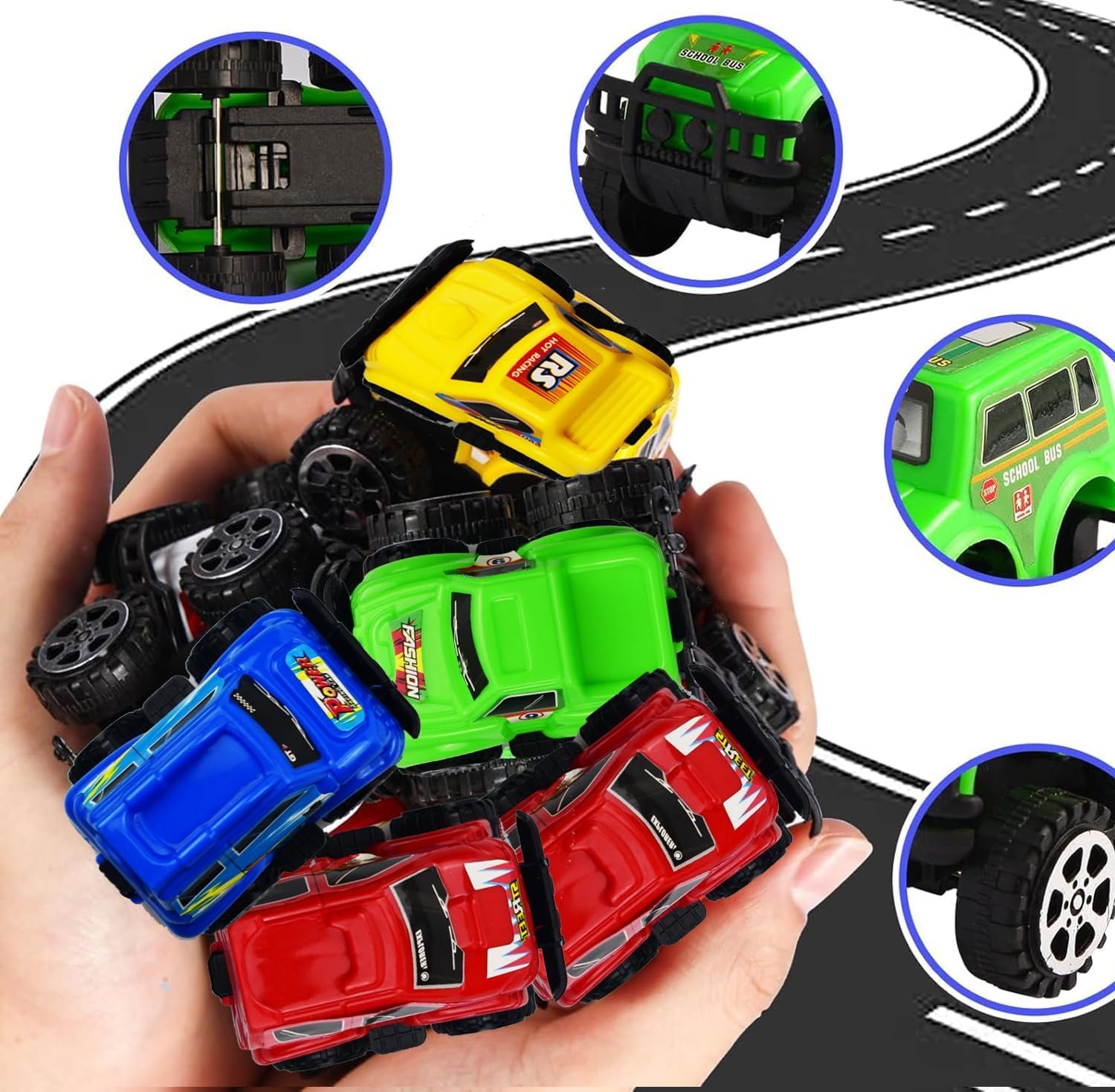 Monster Truck vakarėlio rinkinys vaikams – 10 mini sunkvežimių ir 20 tatuiruočių lipdukų - Image 5