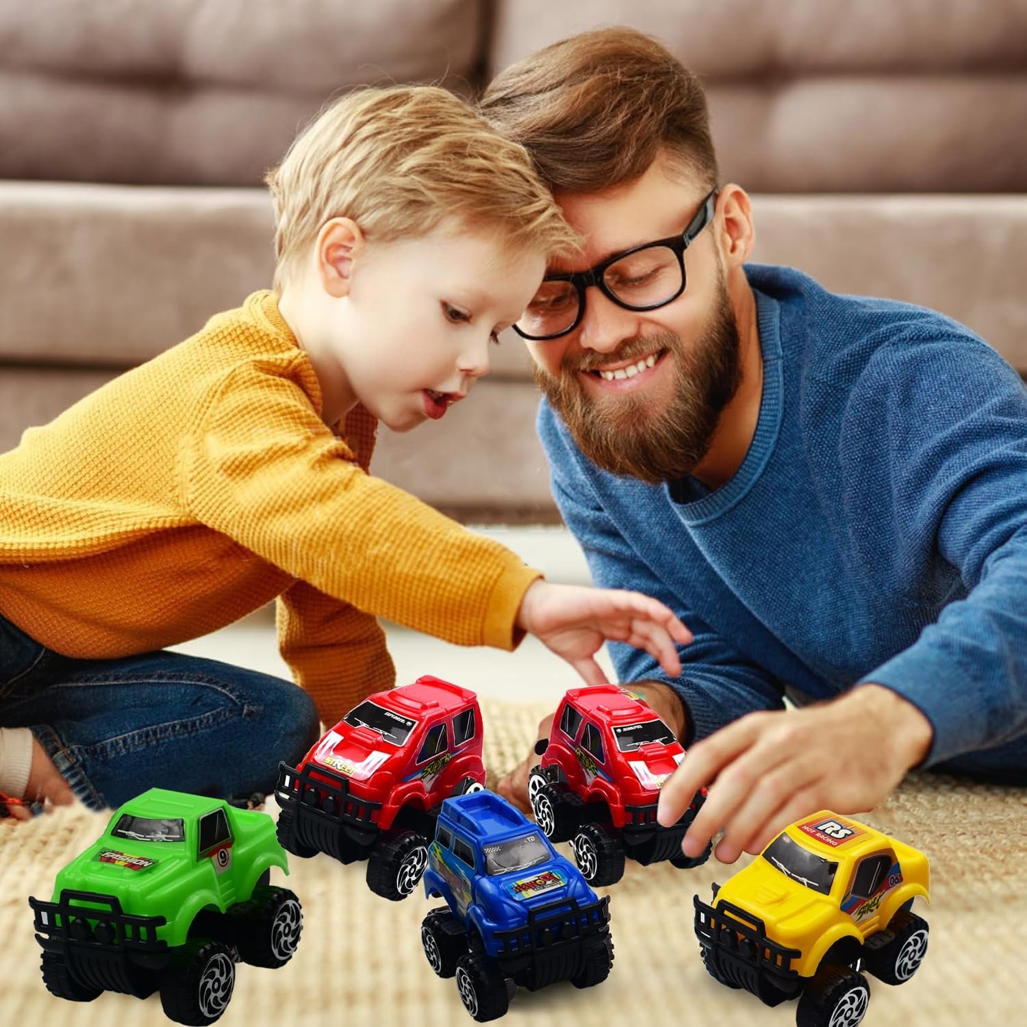 Monster Truck vakarėlio rinkinys vaikams – 10 mini sunkvežimių ir 20 tatuiruočių lipdukų - Image 7