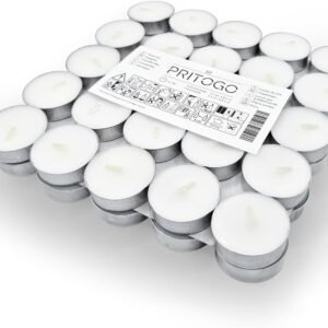 PRITOGO ilgai degančios baltos arbatinės žvakutės be kvapo, 50 vnt.