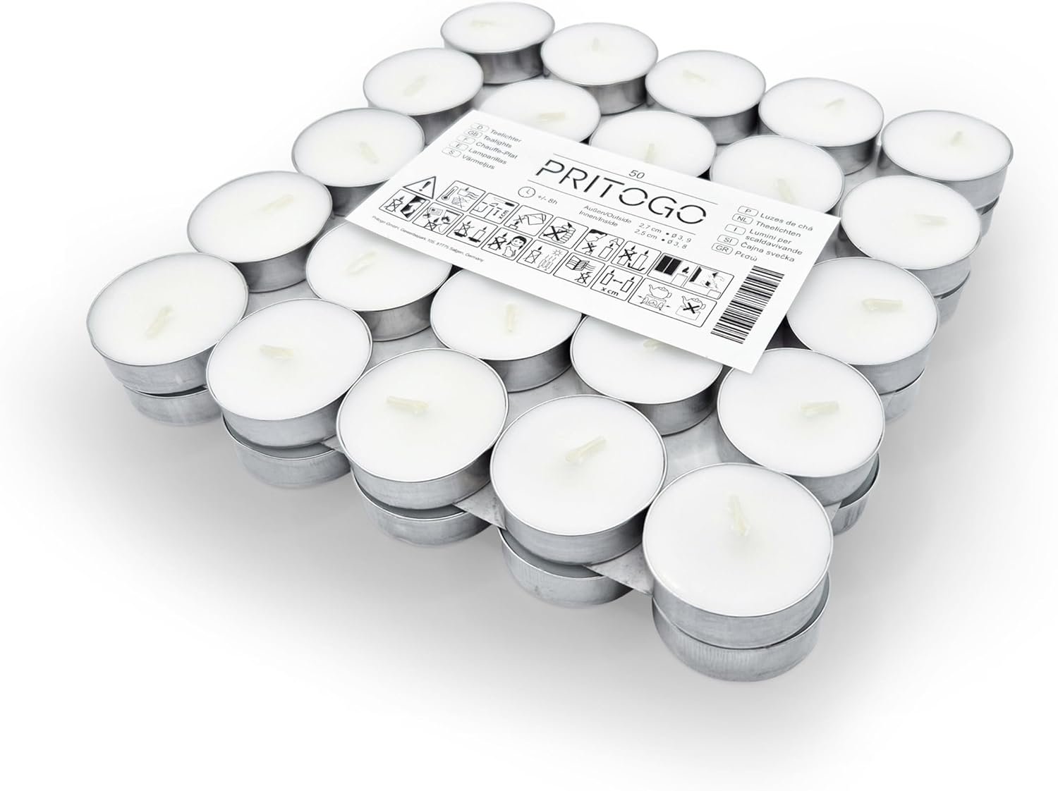 PRITOGO ilgai degančios baltos arbatinės žvakutės be kvapo, 50 vnt.