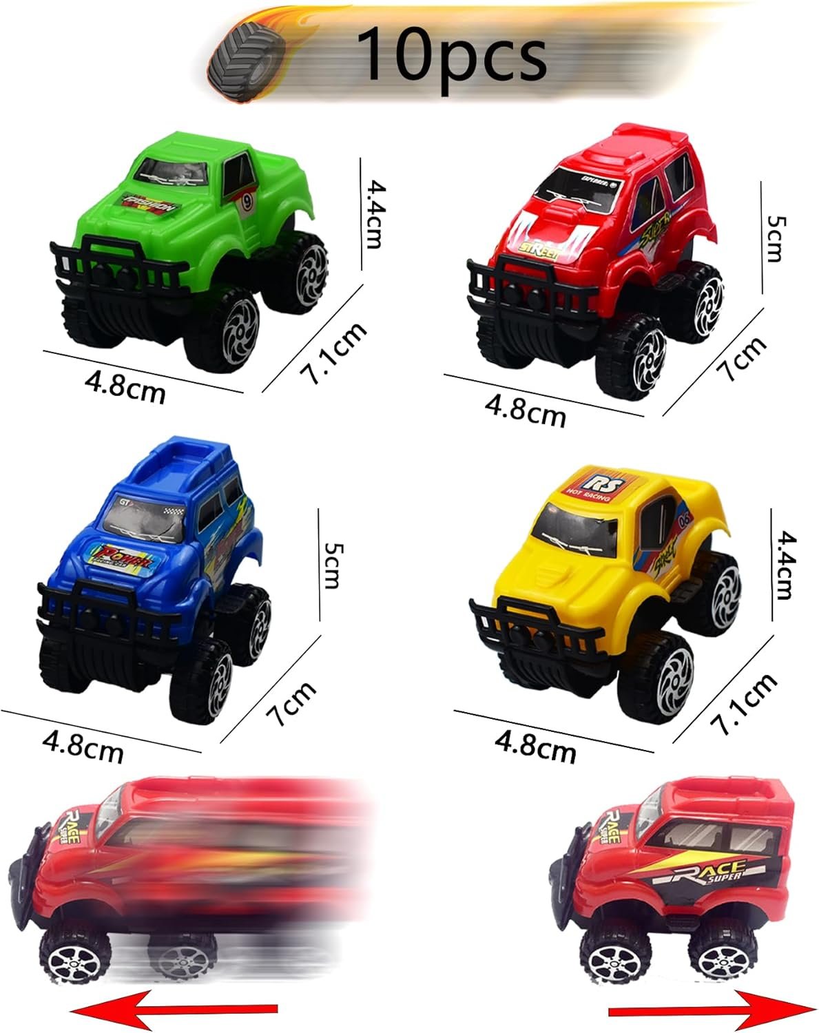 Monster Truck vakarėlio rinkinys vaikams – 10 mini sunkvežimių ir 20 tatuiruočių lipdukų - Image 2