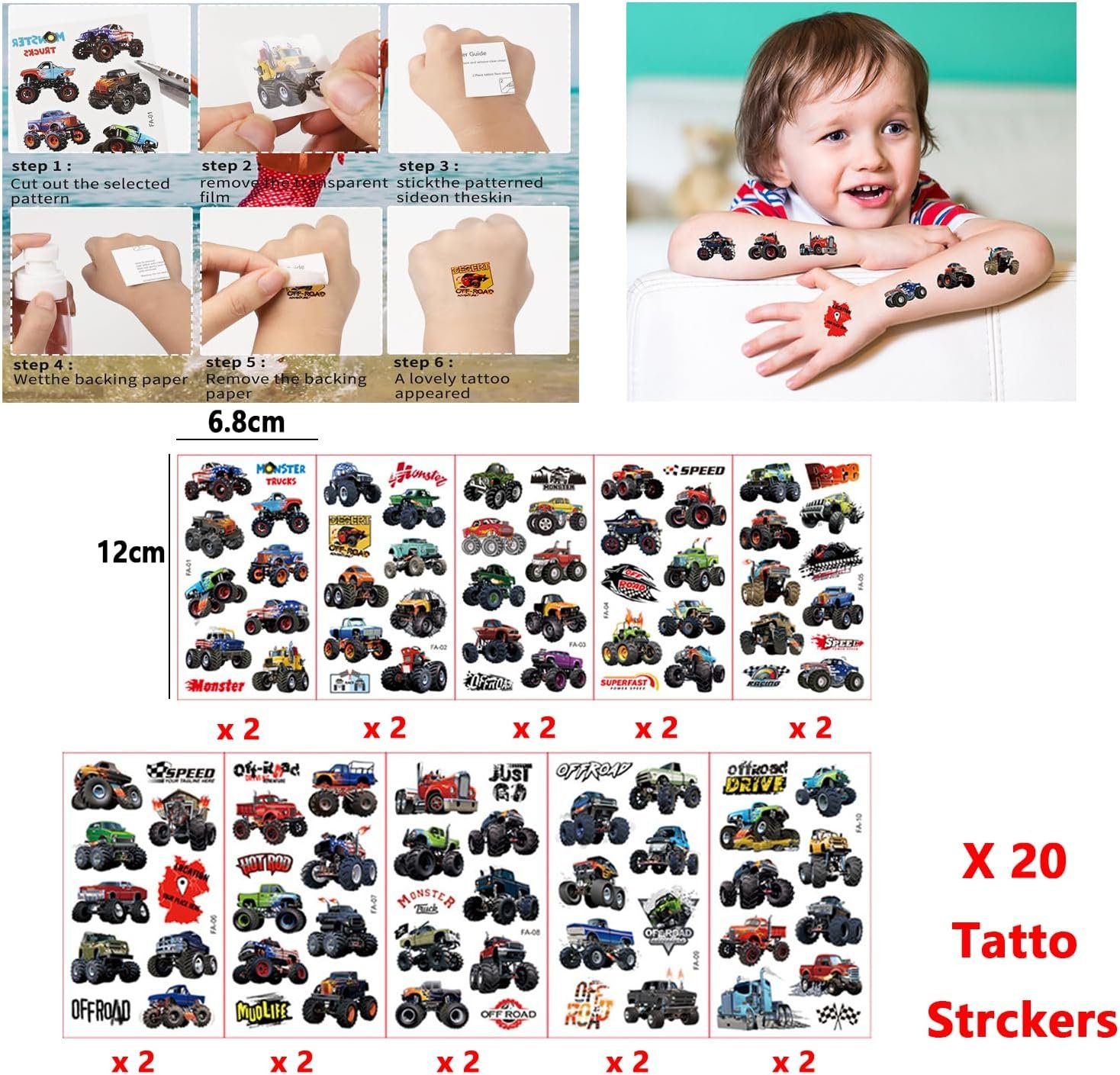 Monster Truck vakarėlio rinkinys vaikams – 10 mini sunkvežimių ir 20 tatuiruočių lipdukų - Image 3