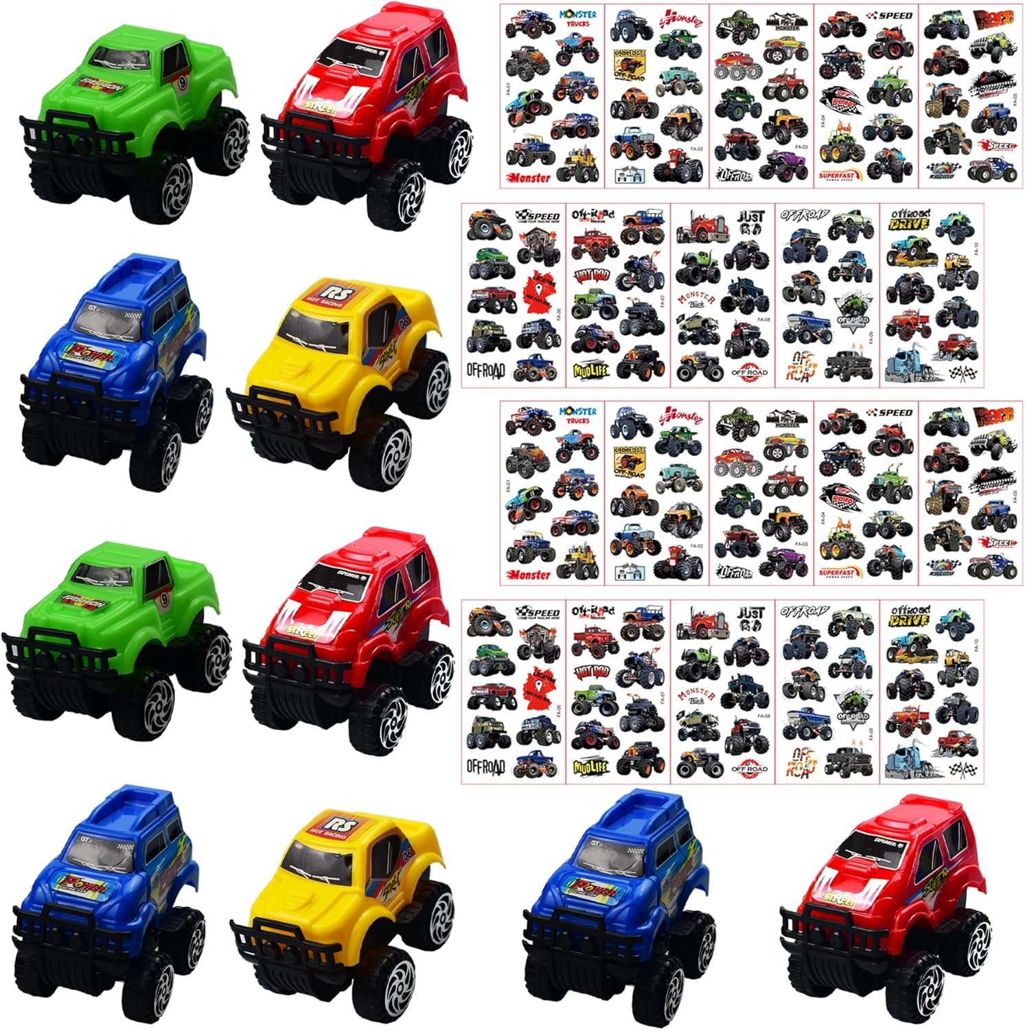Monster Truck vakarėlio rinkinys vaikams – 10 mini sunkvežimių ir 20 tatuiruočių lipdukų
