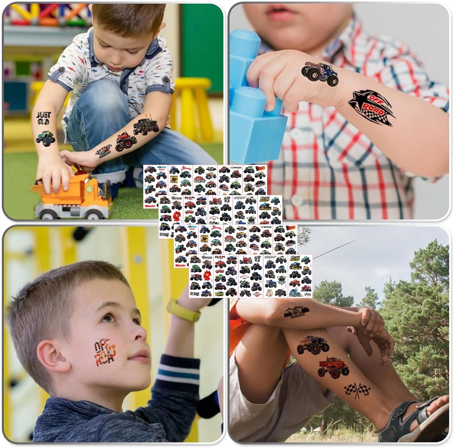 Monster Truck vakarėlio rinkinys vaikams – 10 mini sunkvežimių ir 20 tatuiruočių lipdukų - Image 6