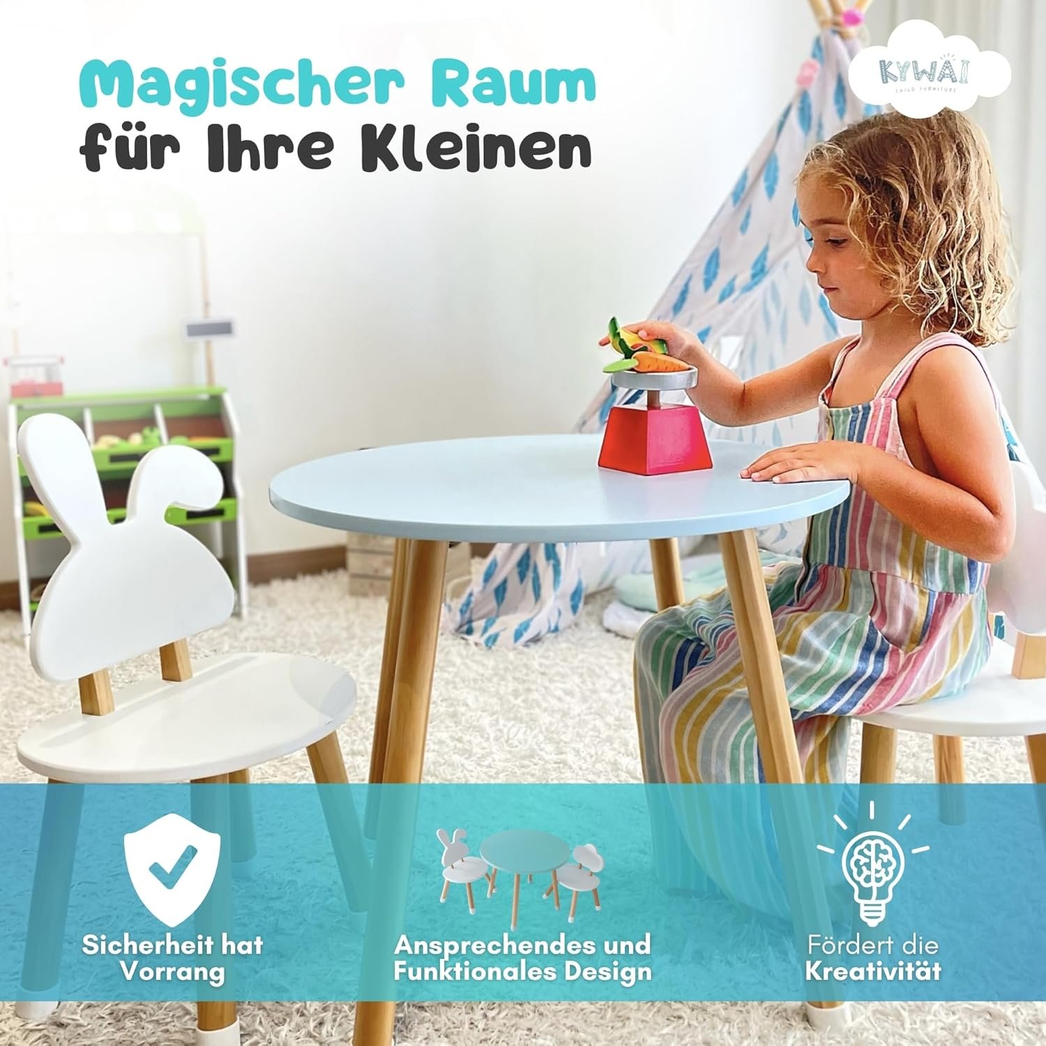 KYWAI® Vaikiškas medinis staliukas su 2 kėdutėmis - Image 5